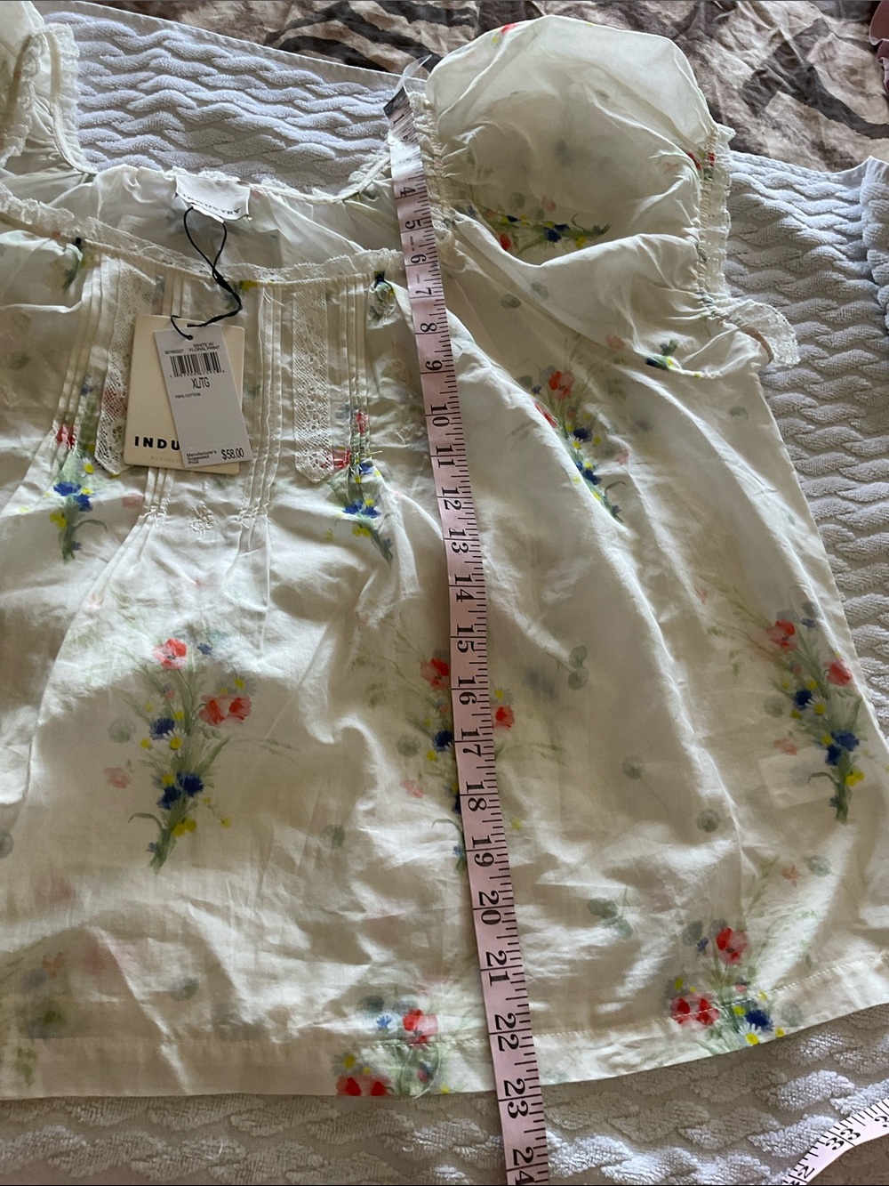 INDUSTRY Floral Puff-Sleeve Peasant Blouse with Lace Trim - Picture 7 of 8